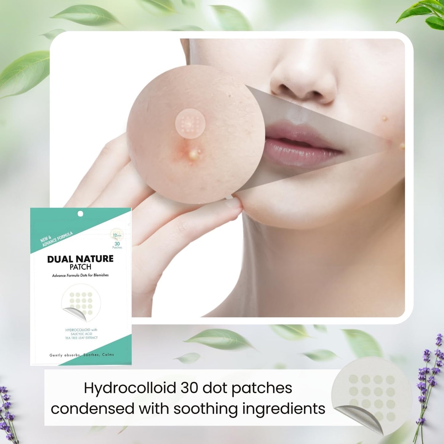 Dual Nature Advanced Formula Hydrocolloid Blemish Patches 12mm - Infused with Tea Tree Leaf, Lavender Extract & Salicylic Acid - Fights Blemishes, Soothe and Calms - Skin All Skin Types (30 Count)