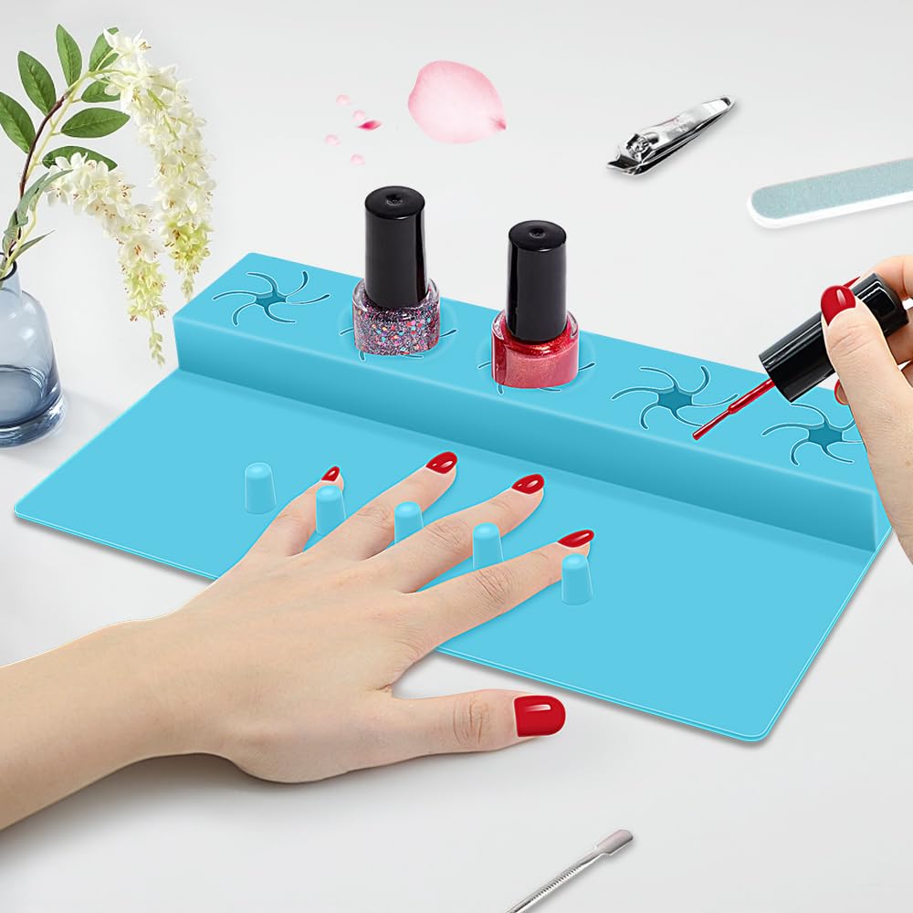 Nail Polish Holder, Silicone Hand Rest Mat Fingernail Painting Tools 2 in 1 Art Accessories Organizer Case Set with Anti-Spill Bottle Stand and Finger Separators for Pedicure Manicure-Blue