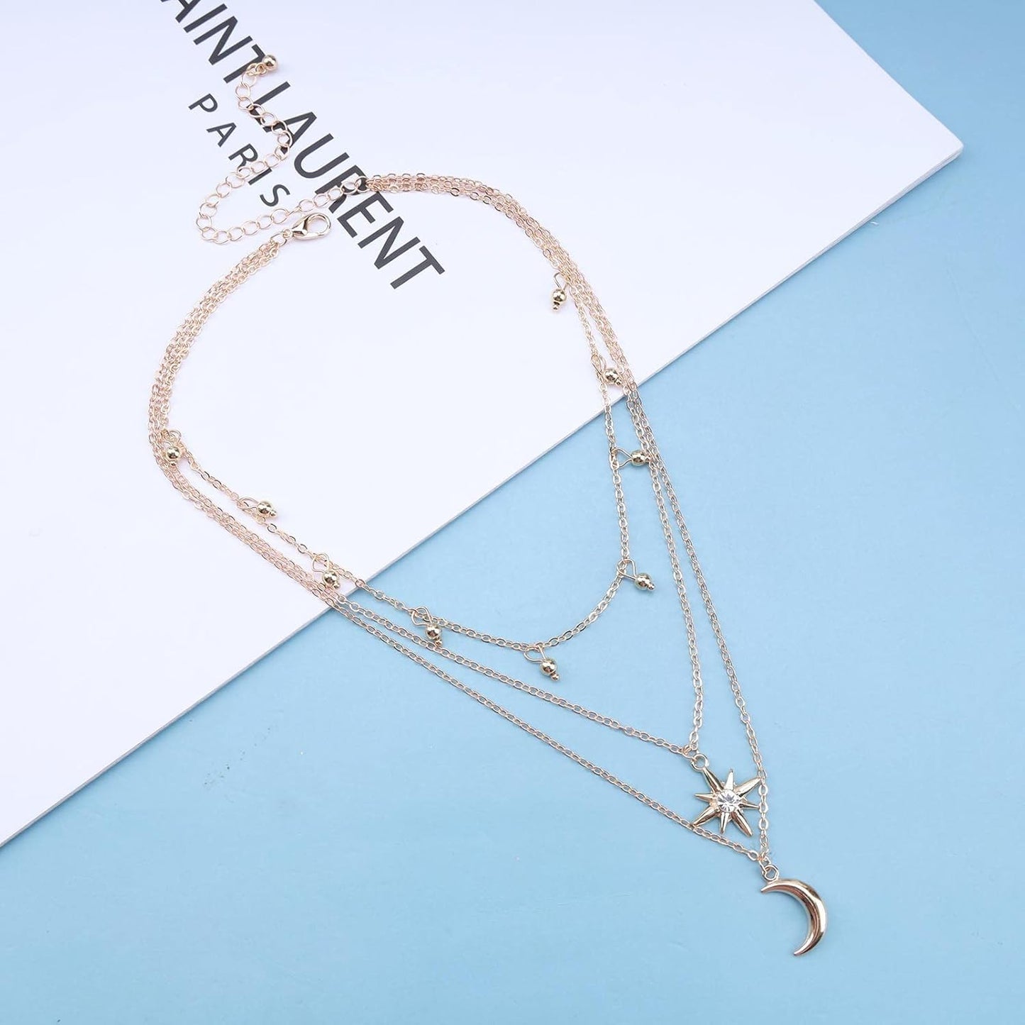 Bohemia Layered Star Choker Necklace Crescent Moon Pendant Necklace Chain Crystal Star Choker Necklace Gold Moon Necklace Jewelry for Women and Girls