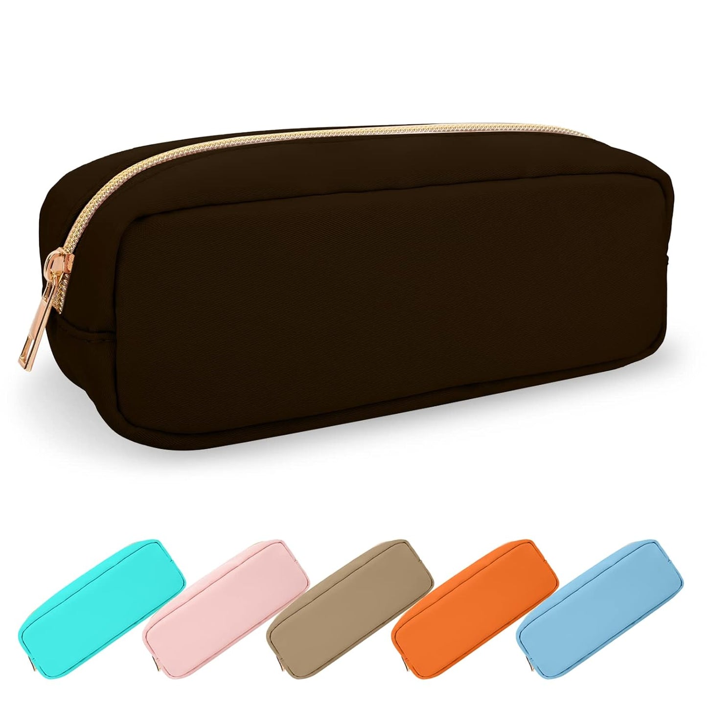 Small Pencil Case Makeup Bag for Purse, Cute Pencil Pouch Preppy Nylon Makeup Brush Bag with Zipper , Girls Portable Stationery Storage Case Small Pen Bag for Office School College(Slim-Chocolate)