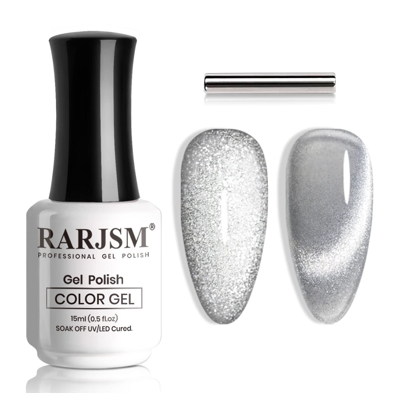 RARJSM Silver Cat Eye Gel Nail Polish 9D Cateye Galaxy Universal Glitter Shimmer Velvet Ice Gel Polish Single Bottle 15ml with Magnetic Stick UV LED Curing Requires Soak Off Home Salon DIY Manicure