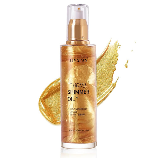 Liyalan Shimmer Body Oil Gold 5 Color Bronze Face Glow Pearl Highlighter Illuminator Body Makeup Shine Glitter Gold Liquid Taning(3.38 Fl Oz/#02)