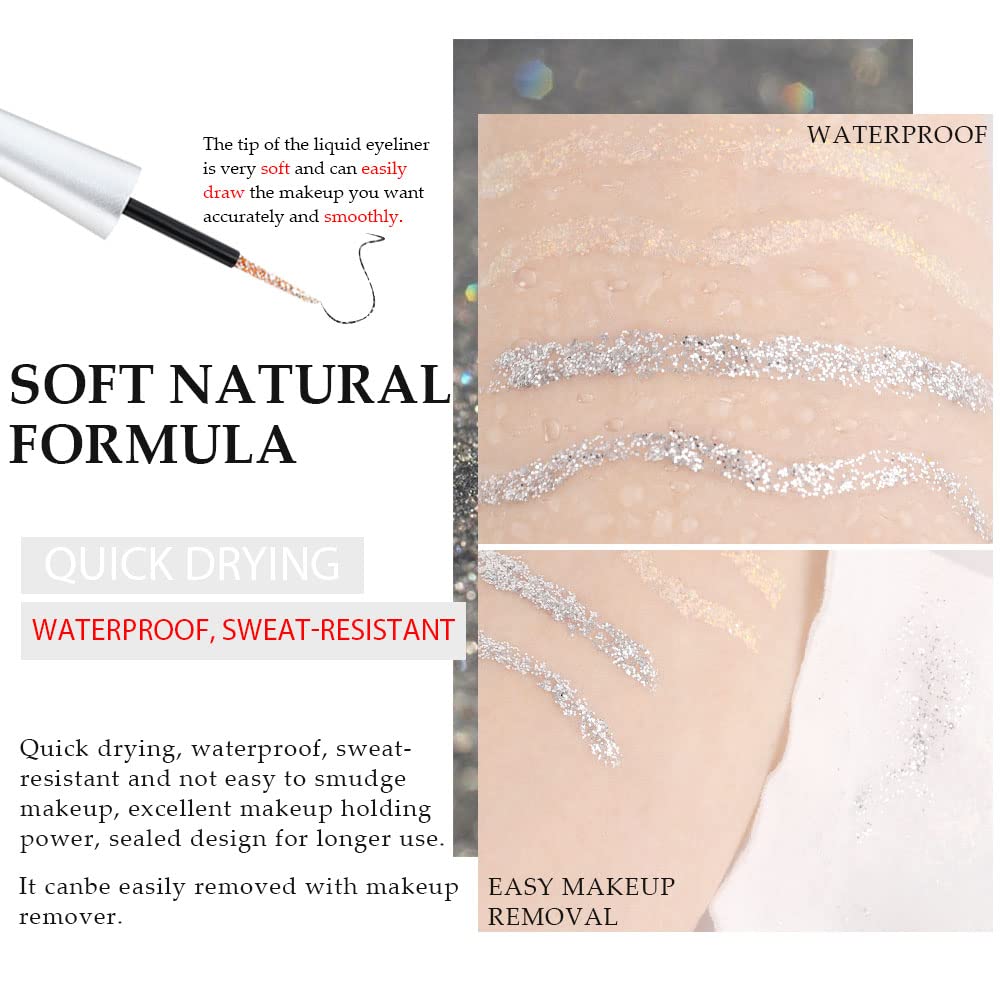 evpct 2Pcs Pearl White Silver Color Liquid Glitter Eyeliner Liners Sets for Women Liquid Sparkly Glitter Eyeliner delineador con glitter de colores para ojos colores 09+10
