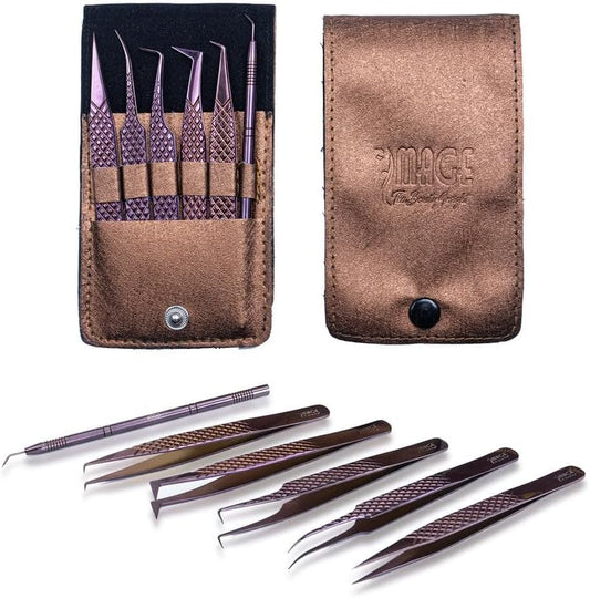 5 Pcs Fiber-Tip Japanese Steel Lash Tweezer Set with Leather Case, Professional Eyelash Tweezers for Lash Extensions – Titanium Coated, 90 & 45 Angled, Precision Pointed Tweezers (METALIC-ROSE)