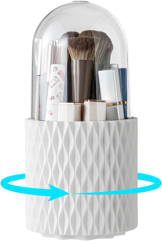 Makeup Brush Holder Organizer - 360° Rotating Makeup Brush Organizer 5 Slot Make up Brushes Cup for Cosmetics, Lipsticks, Art Supply, Bathroom Vanity Desktop Storage (White with Cover)