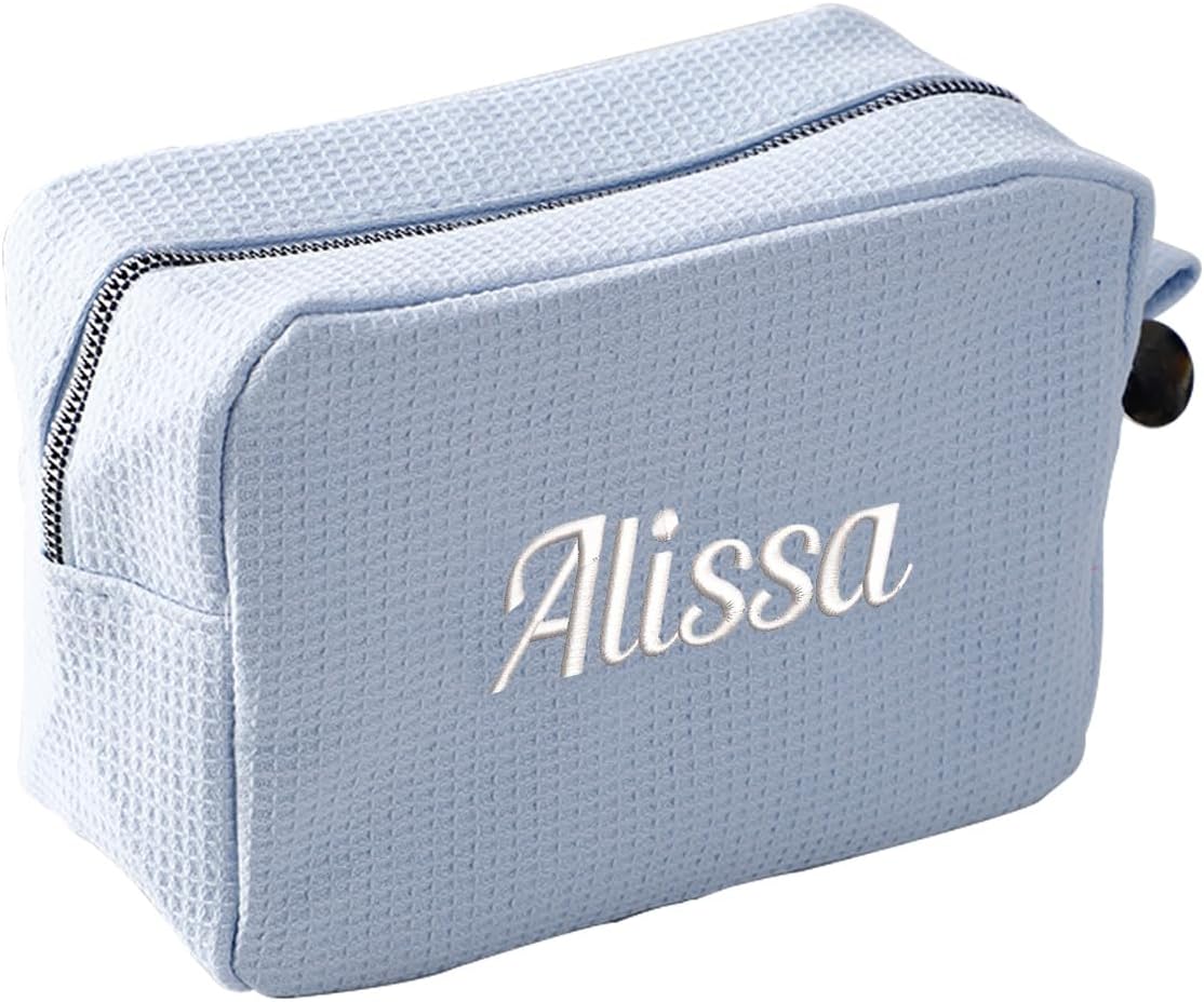 GOPHIE Personalized Embroidered Makeup Bag,Custom Waffle Fabric Cosmetic Pouch for Women, Travel Makeup Pouch (3, Sky Blue)