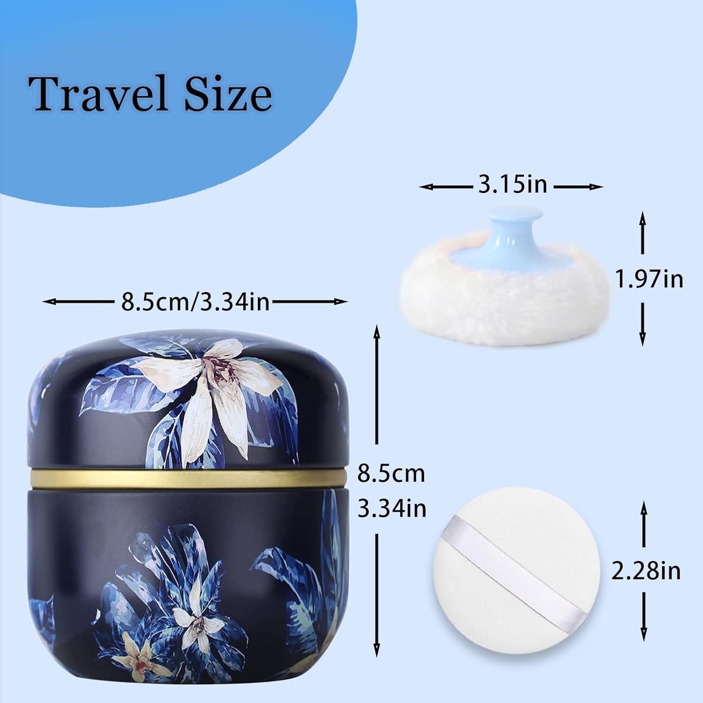 SHIMIDO Body Powder Puff and Container, 3.15" Portable Empty Body Powder Container for Baby Women's Loose Dusting Powder, Powder Case Box with Lids for Bath, Travel and Home Use (Dark&Big Flower)