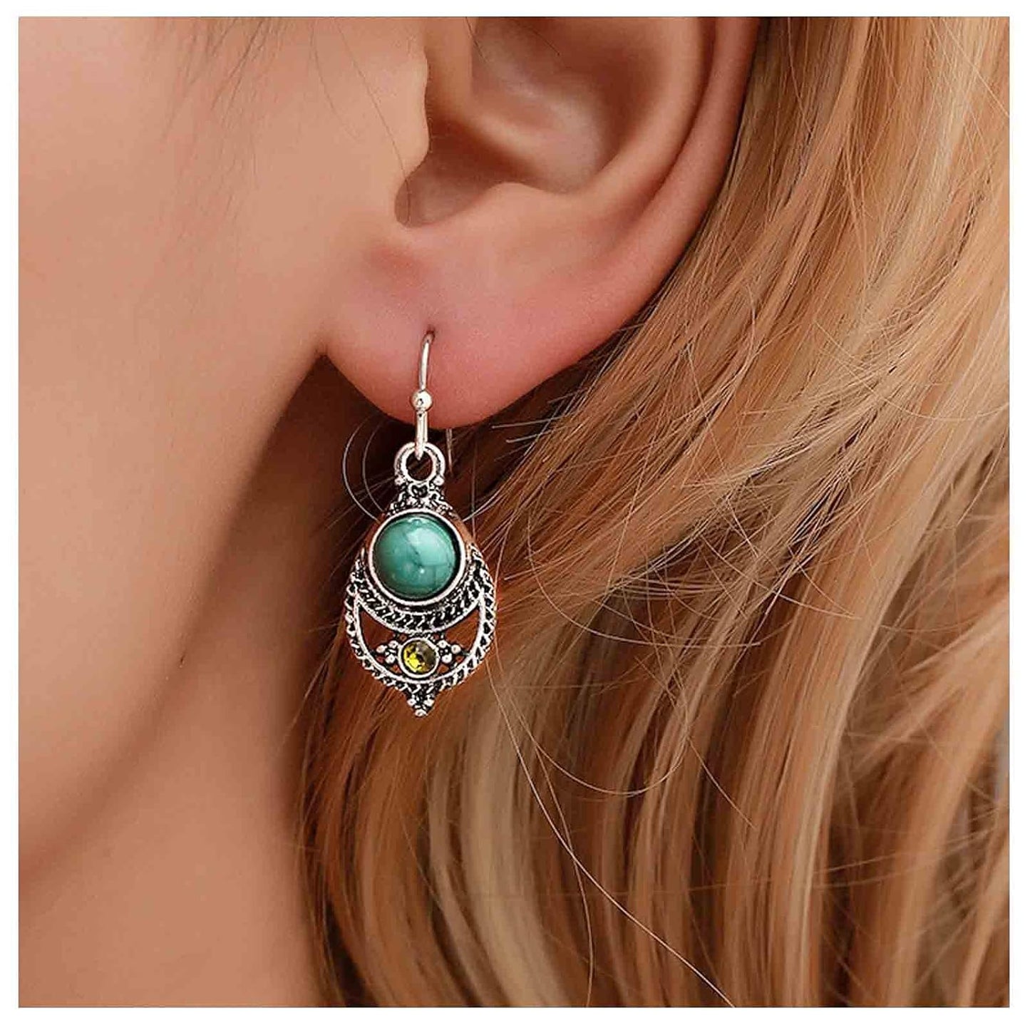 Boho Ethnic Turquoise Drop Earrings Silver Teardrop Turquoise Earrings Gemstone Hook Earrings Retro Drop Dangle Earrings Jewelry for Women and Girls