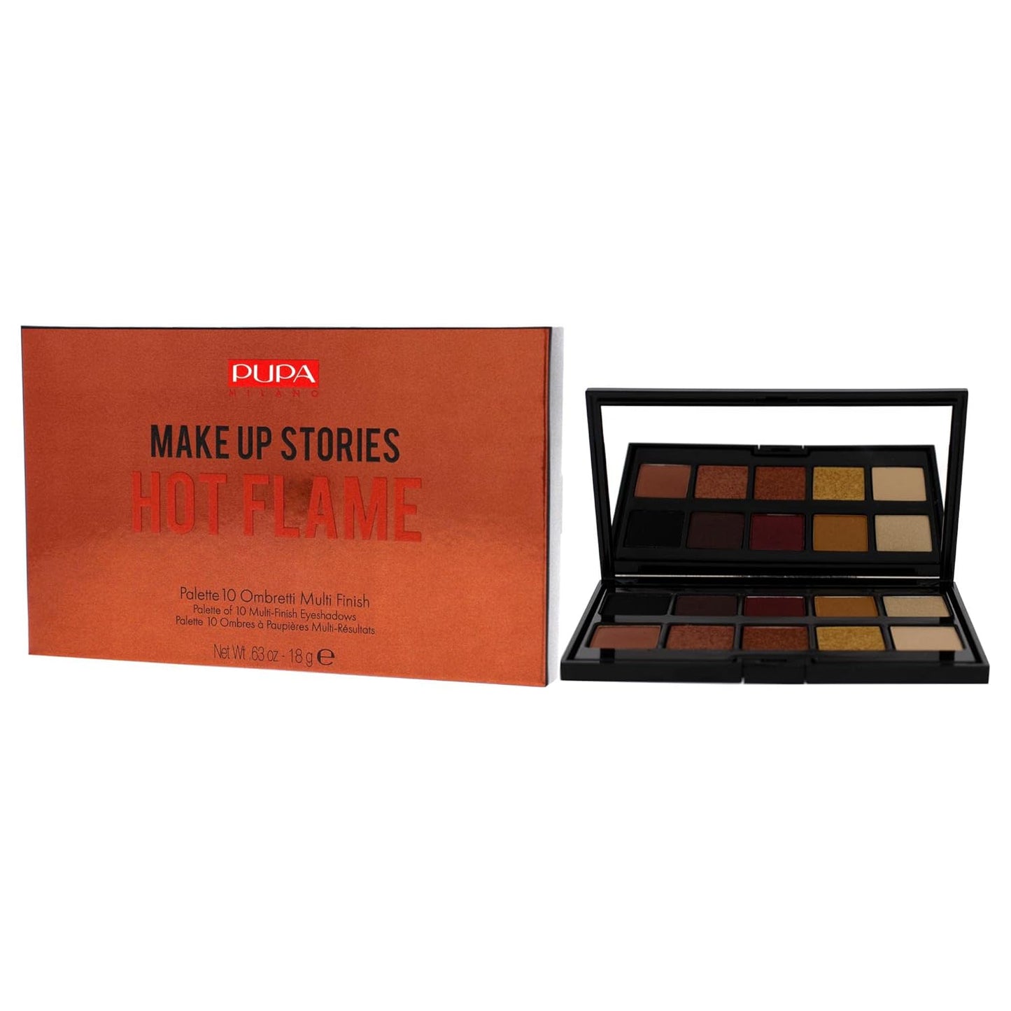 Pupa Milano Make Up Stories Eyeshadow Palette 002 Hot Flame - 10-Shade Shadow Collection with Matte, Satin, and Metallic Color Options - High Pigment Formula - Soft, Blendable Texture - 0.63 oz