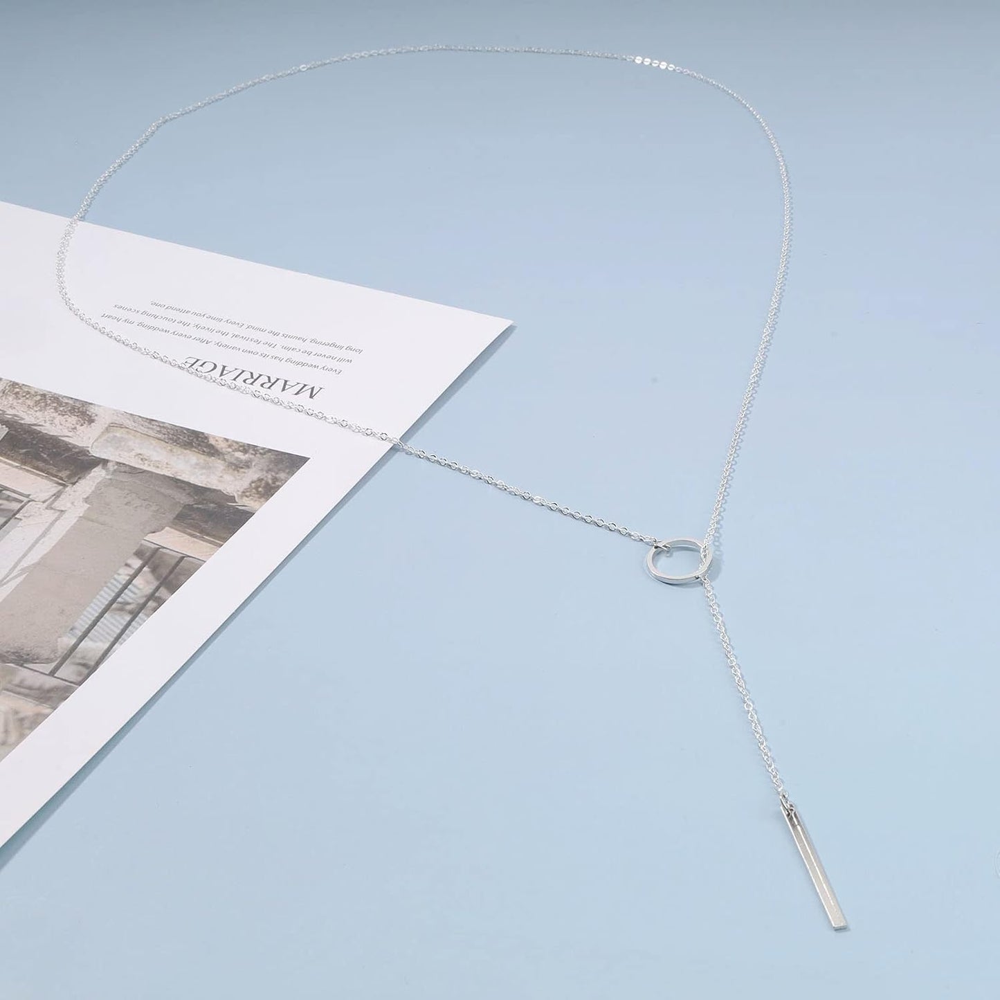 Boho Circle Bar Lariat Necklace Silver Drop Bar Y Necklace Open Circle Necklace Long Vertical Bar Necklace Chain Jewelry for Women and Girls Gifts