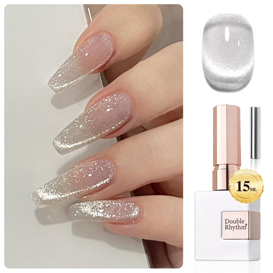 Double Rhythm 0.5 OZ Cat Eye Gel Polish with Magnet 15ML Holographic Glitter Shimmer Translucent Jelly Color Magnetic Polish Salon DIY at Home (Silver-MC1019)
