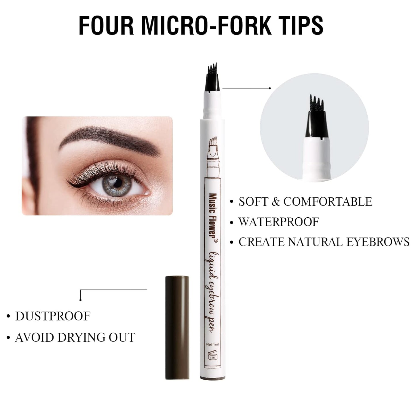 Music Flower Eyebrow Pencil, Liquid Eyebrow pen, Waterproof Brow Pen with Micro-Fork Tip, Fine Sketch Long Lasting Smudgeproof Microblading Pen - Chestnut