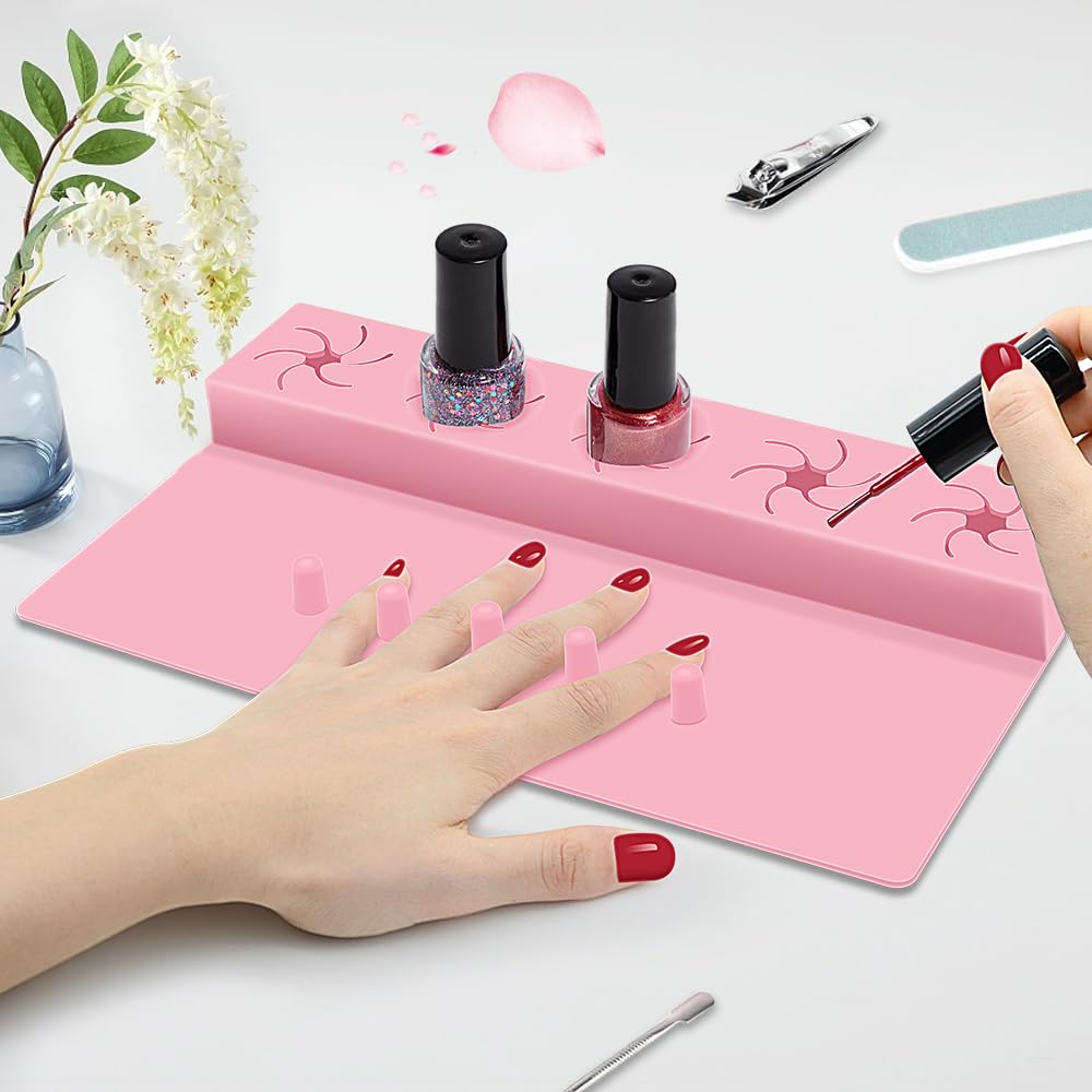 Nail Polish Holder, Silicone Hand Rest Mat Fingernail Painting Tools 2 in 1 Art Accessories Organizer Case Set with Anti-Spill Bottle Stand and Finger Separators for Pedicure Manicure-Pink