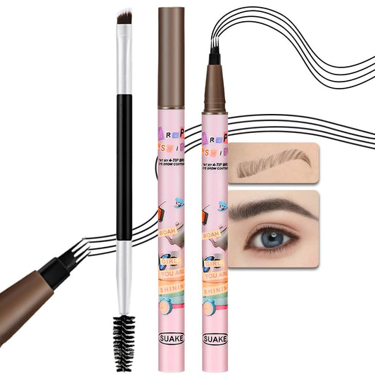 Magic Microblade Eyebrow Pencil, 4 Tipped Precise Eye Brow Contouring Pen, Create Natural Looking Brows Eyebrow Makeup Waterproof (2, 04# 2Pcs Fiber Head-Black)
