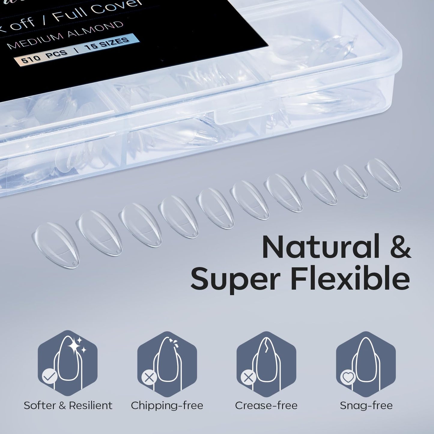 Modelones Almond Fake Nail Tips -510Pcs Medium Soft Gel Nail Tips Almond Shape Pre Etched Half Matte Full Cover Clear Acrylic Gel Kit False Press on for Extension Manicure Salon DIY at Home 15 Sizes