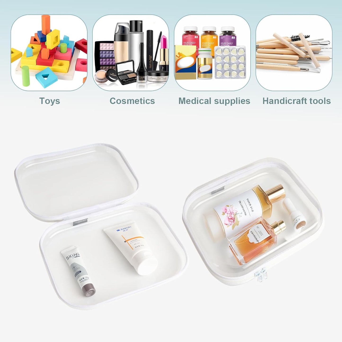 Hard Sided Clear Zipper Case for Storage- Professional-Grade Plastic Clear Zipper Pencil Case,Toy Storage Bins, Toiletry Pouch, Travel Organizer, Cosmetic Bag（White,2 Pack, M）