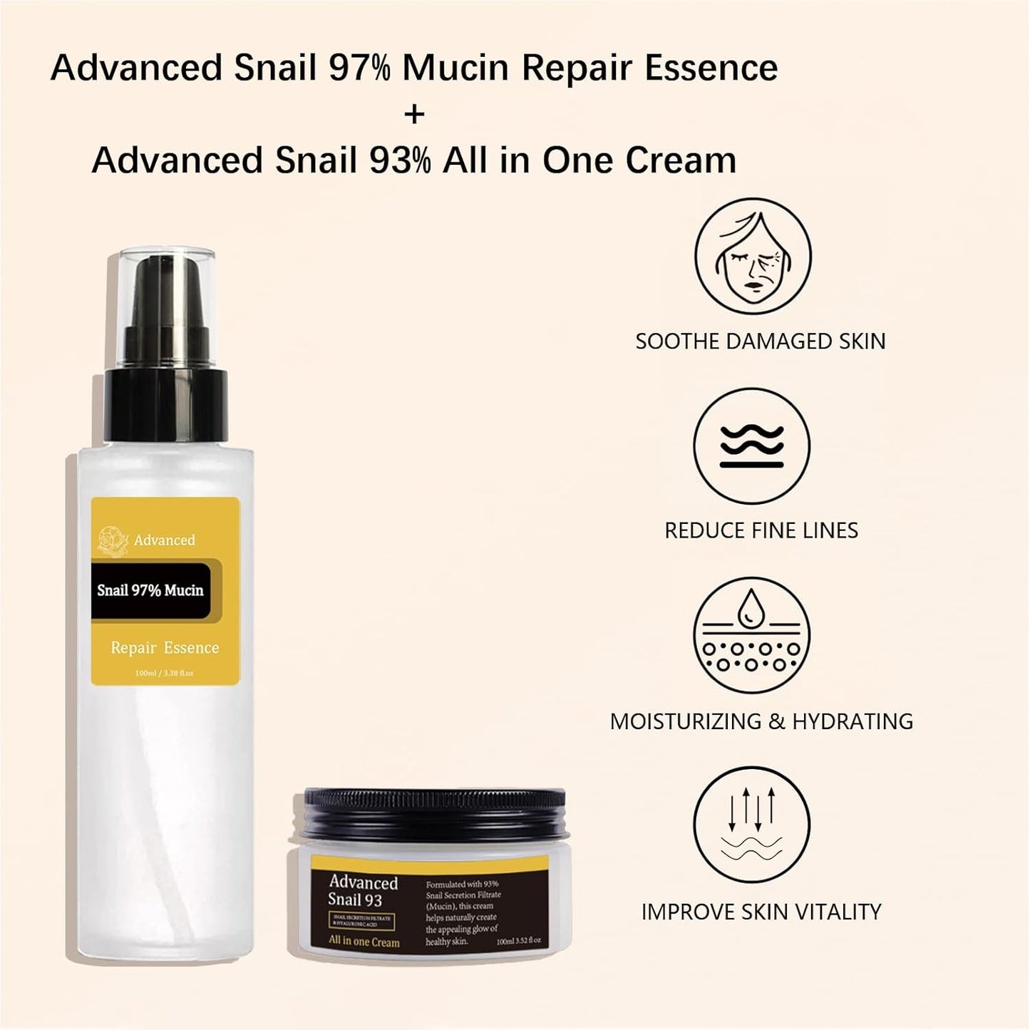 Snail Mucin Power Essence Set 3PCS, Snail Mucin Serum+Snail Mucin Moisturizer+Snail Hydrogel Eye Patch, Korean Skin Care Set for Hydrating, Dark Circles Undereye