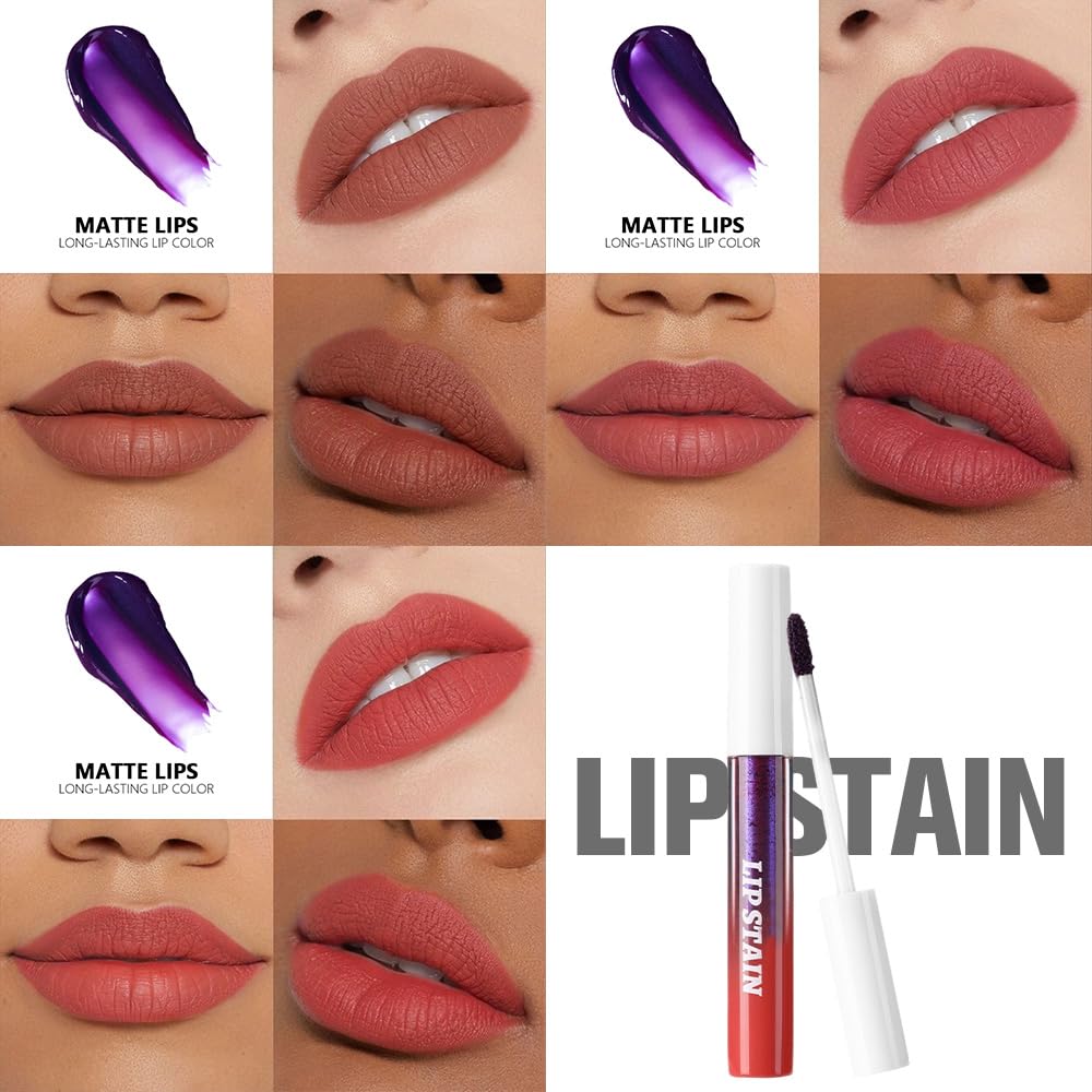 evpct 3Pcs Nude Brown Brownish Red & Orange Red Peel Off Lip Stain Tints, Matte Liquid Lipstick Lip Stain Long Lasting Waterproof for Women, Longwear Lipstick Peel Off Highly Pigmented Easy to Apply