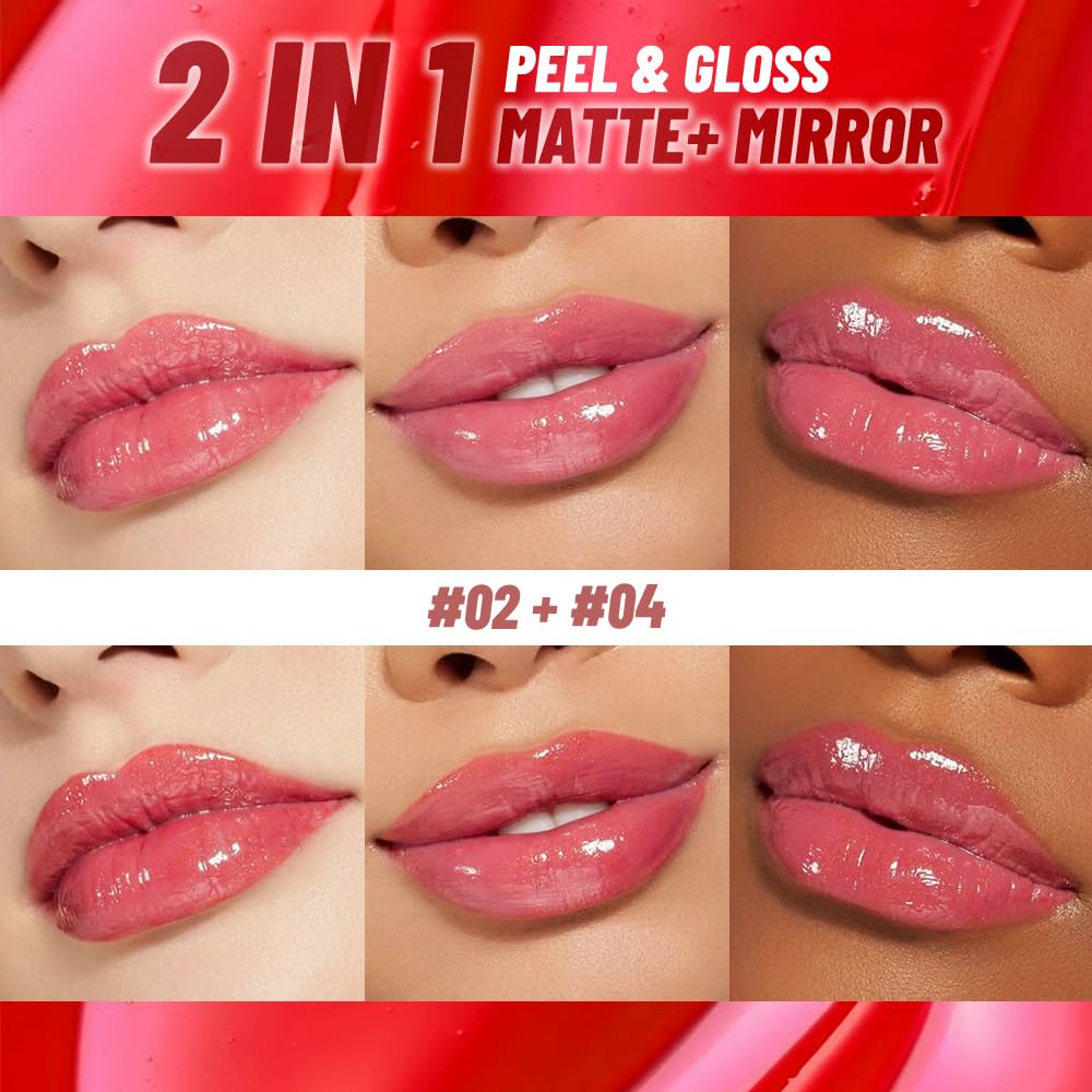 2Pcs Liquid Lip Stain Peel Off Lip liner and Lip oil with Tweezer, Dual-Ended Peel Off Lip Stain Tattoo, Highly Pigmented Long Lasting Waterproof, Transfer-proof for All Skin Types, 02#+04#