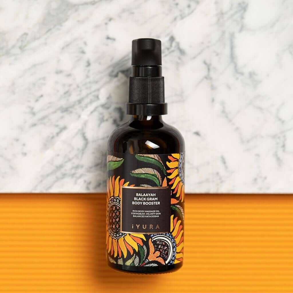 iYURA Balaayah Black Gram Body Booster Oil | Ayurvedic Massage & Moisturizing Body Oil | Indulging aroma of Vanilla & Frankincense | Luxurious, Fast-Absorbing & Non-Sticky | 3.38 fl oz