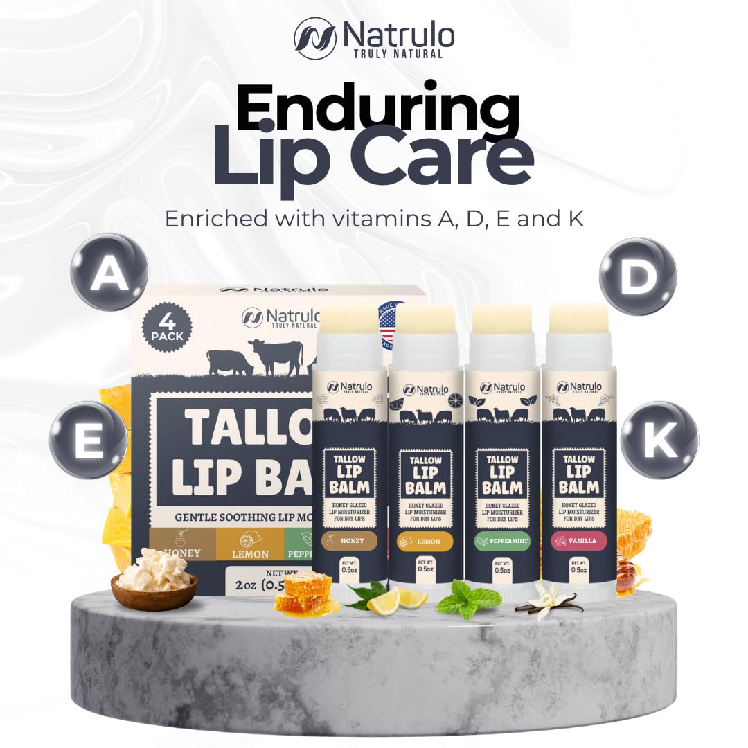 Beef Tallow Lip Balm – Natural Tallow Beeswax Chapstick – Hydrating Grass Fed Beef Tallow Honey Balm Lip Care – Soothes Chapped Dry Sensitive Lips – Long Lasting Vitamin Rich USA-Made Variety Pack