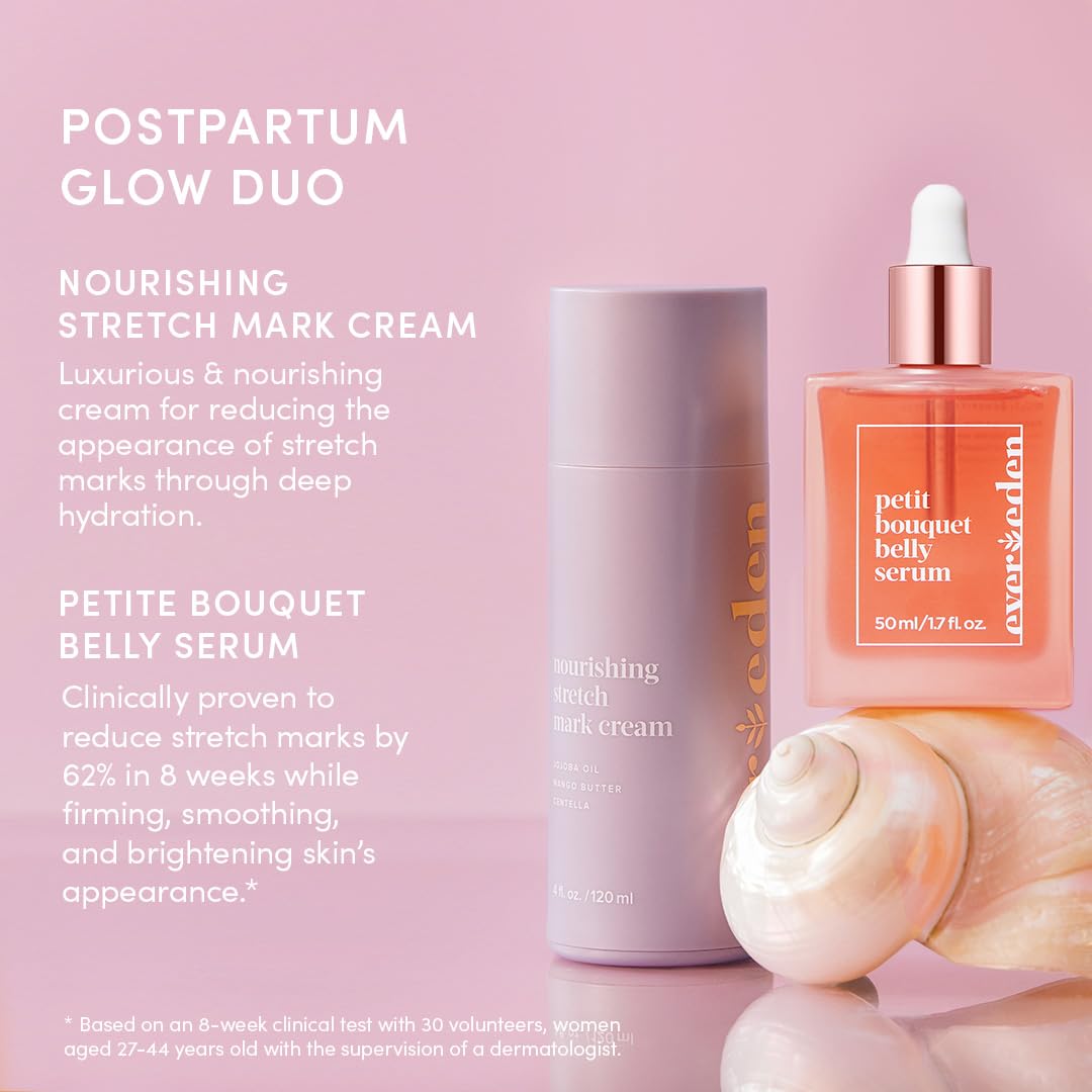 Evereden Postpartum Glow Duo - Petit Bouquet Belly Oil & Nourishing Stretch Mark Cream - Dermatologist-Developed Clean & Vegan Maternity Skincare Postpartum Gifts for New Mom - Stretch Mark Reduction