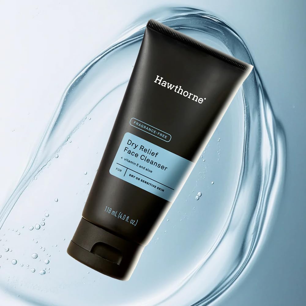 Hawthorne Men's Ultra Moisturizing Dry Relief Face Wash Cleanser For Dry Sensitive Skin. Soothing Vitamin E, Aloe Vera. Fragrance-Free. Natural Ingredients, Vegan, Sulfate Free. 2-Pack, 4 Fl. Oz. Each