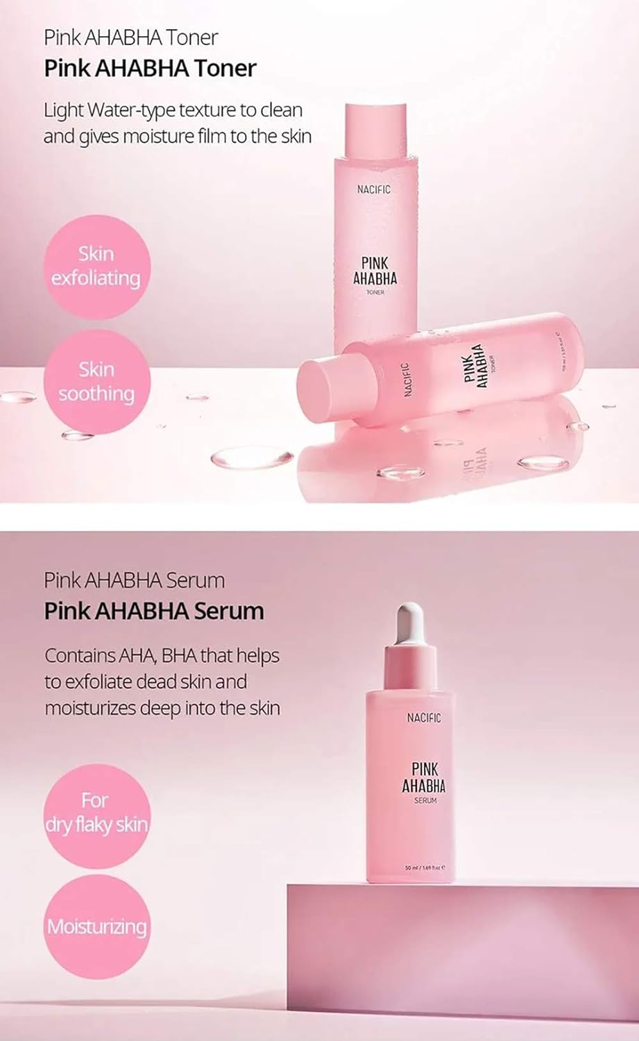 Nacific Pink AHA BHA Kit (Cleansing Foam, Toner, Serum, Cream) Travel Size Skin Care Set