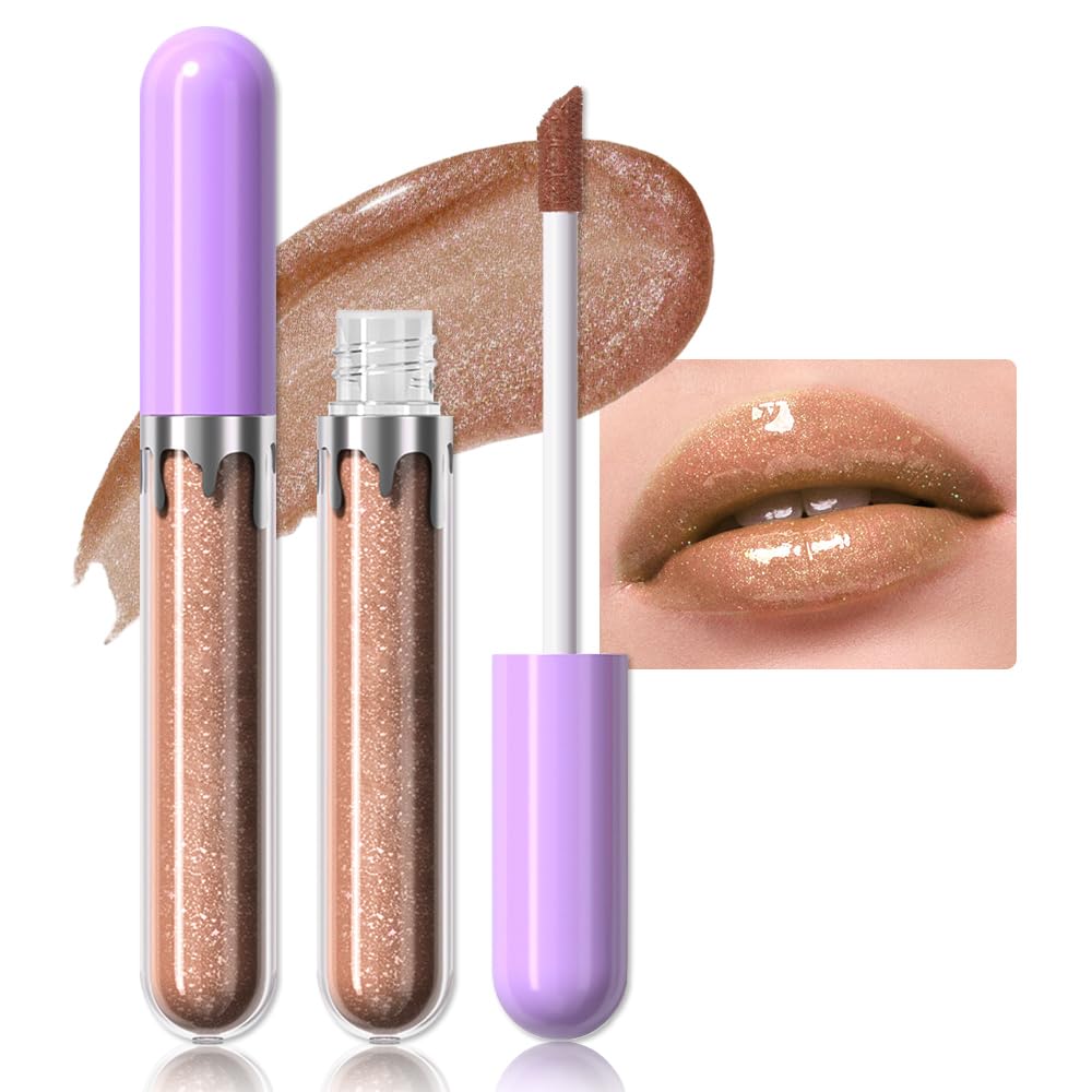 Glitter Liquid Lip Gloss,Bronze Shimmer Lipstick, Waterproof Shimmer Lip Stain Lip Glaze, High Shine Long Lasting Shiny Lip Color Makeup 14#