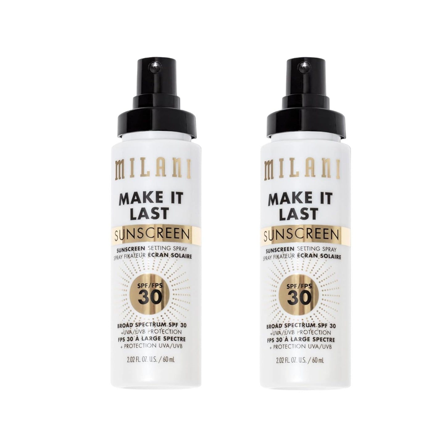 Milani Sunscreen Setting Spray + Primer, Make It Last Sunscreen for Face- SPF 30 UVA & UVB Protection Antioxidant Rich Formula for Broad Spectrum Protection, Prime + Set + Protect, 2.02Fl. Oz - 2 Pack