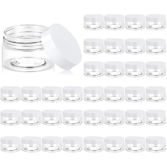 Eternal Moment 36 Pack 1 OZ Plastic Jars Round Clear Cosmetic Container Jars with White Lids, Perfect for Lotion, Slime，Cream, Ointments, Makeup, Eye Shadow, Samples, Pot, Travel Storage