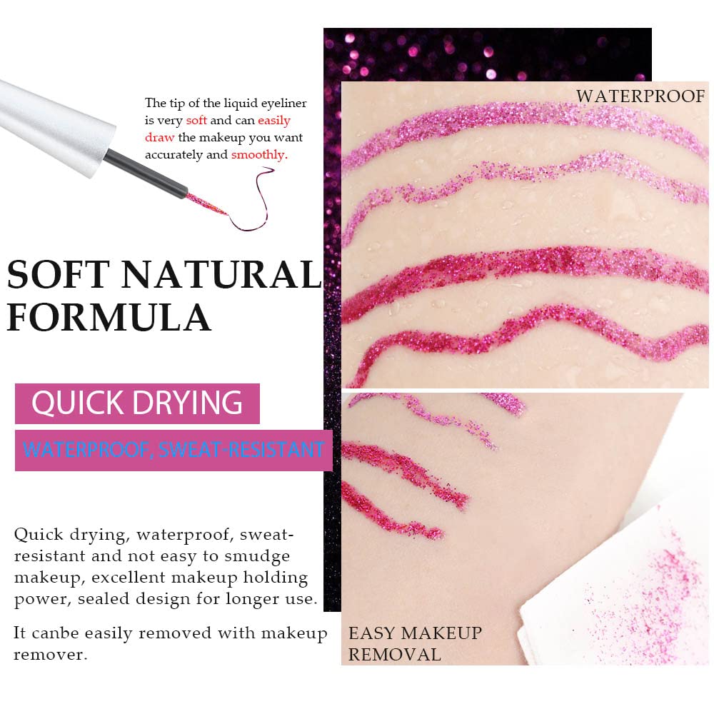 evpct 2Pcs Light Rose Purple Pink Color Liquid Glitter Eyeliner Sets for Women, Liquid Sparkly Glitter Eyeliner delineador con glitter de colores para ojos colores 11+15