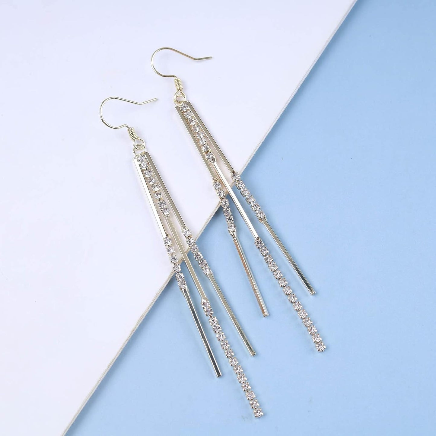 Vintage Crystal Tassel Earrings Rhinestone Bar Drop Earrings Long Rhinestone Chain Earrings Gold Cz Bar Hook Earrings Sparkle Tennis Chain Earrings Jewelry for Women