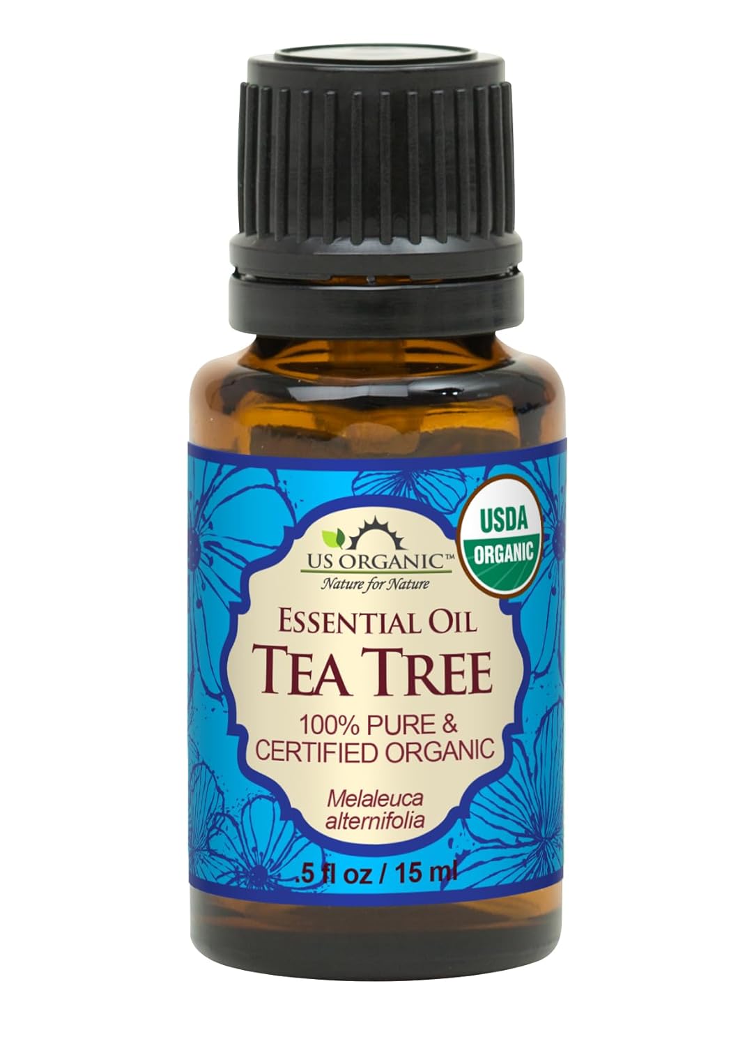 US Organic 100% Pure Tea Tree Essential Oil, Steam Distilled, USDA Certified Organic, for Hair, Skin, Scalp, Foot, Toenails, and More. Sourced from South Africa, Undiluted, Non-GMO (15 ml)