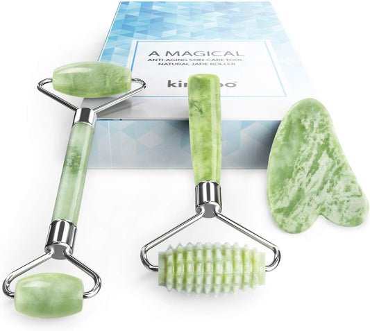 kimkoo Jade Roller and Gua Sha for Face-3 in 1 Kit with Facial Massager Tool,100% Real Natural Jade Stone Anti Aging,Face Beauty Set for Eye Anti-Wrinkle