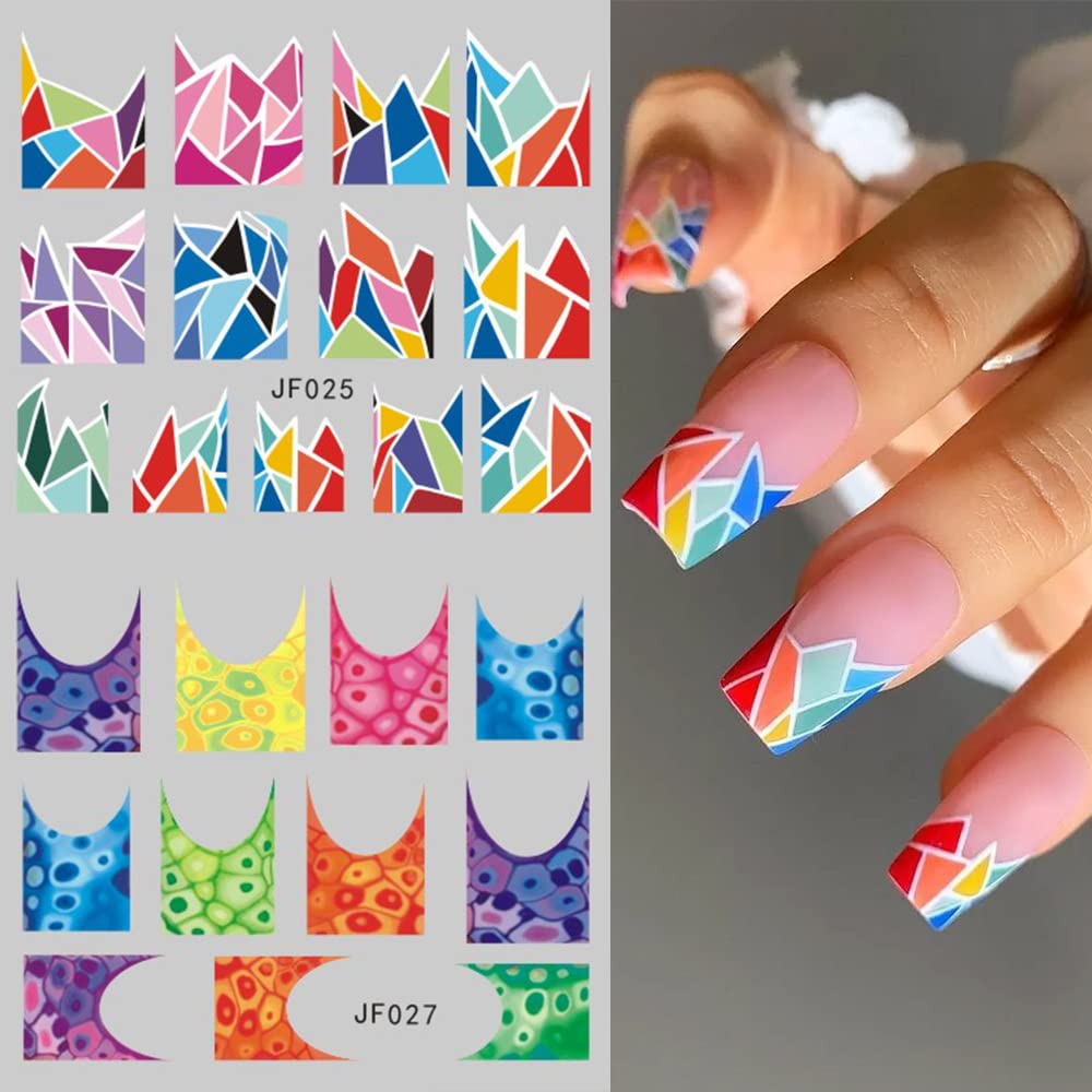 12 Sheets Colorful Stripes Nail Art Stickers Geometric Rainbow Wave Design Water Transfer Nail Decals for Nails Art Abstract French Pattern Acrylic Slider Nail Foils for Women Manicure Nail Decor