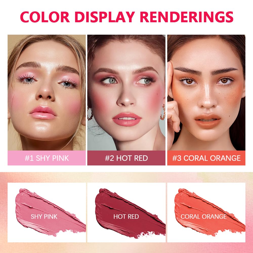 Blush Stick Waterproof Matte Finish Long Lasting Pink Red Cheek Lip Make-up Multi Lip Tint Stick Highlighter High Pigment Rouge Blush for Women Lady Daily Lip Cheek Makeup (1#shy pink)
