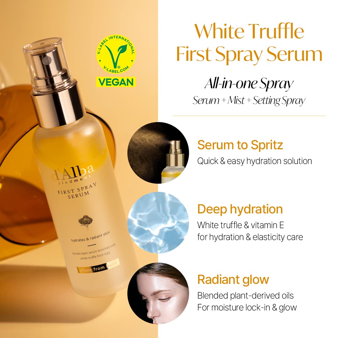d'Alba Travel Essencial Gift Set, White Truffle First Spray Serum Full Size & Travel Size with Yellow Pouch, Korean Skin Care