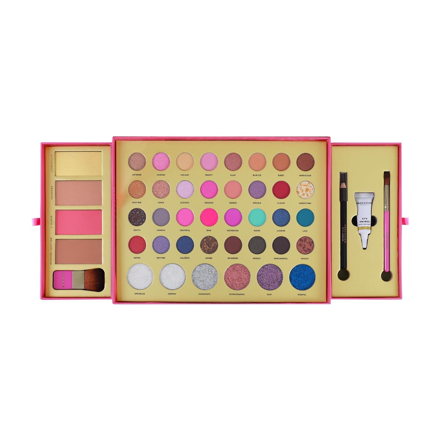 Profusion Cosmetics Sweet Holiday Festive Glam 46 Piece Eye and Face Essentials for Holiday Sparkle, Ultimate Holiday Glam Set With Highlighter, Blush, Contour, and More