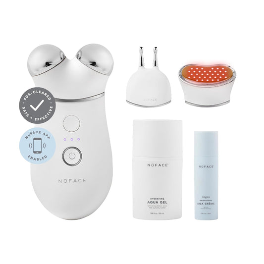 NuFACE TRINITY+ Microcurrent Facial Device, Wrinkle Reducer + Effective Lip & Eye Attachment - FDA Cleared Face Toning Device for Targeted Treatment + Microcurrent Gel Activator & Silk Creme