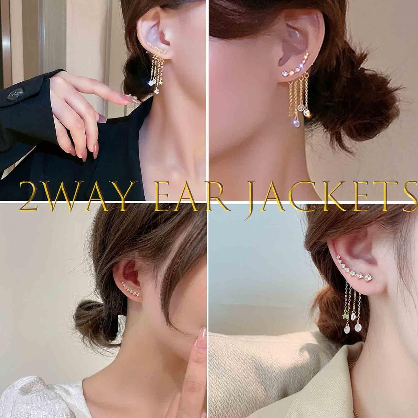 Boho Star Ear Jacket Earrings Gold Cz Star Ear Climber Earrings Crystal Chain Tassel Earrings Crystal Ear Crawler Long Chain Earrings Jewelry for Women and Girls Gifts