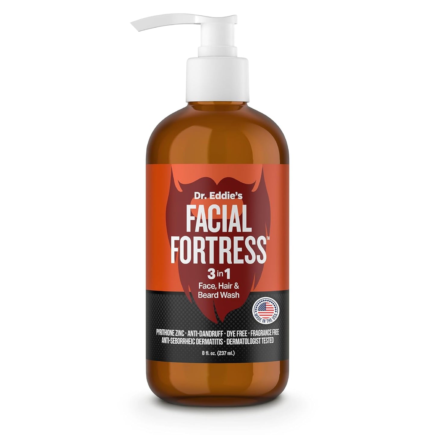 Dr. Eddie's Facial Fortress 3 in 1 Face, Hair, & Beard Wash - Beard Dandruff Shampoo for Men, Beard Cleanser, Face Wash, Beard Care, Face Soap with Pyrithione Zinc - 8 Fl Oz (Pack of 1)