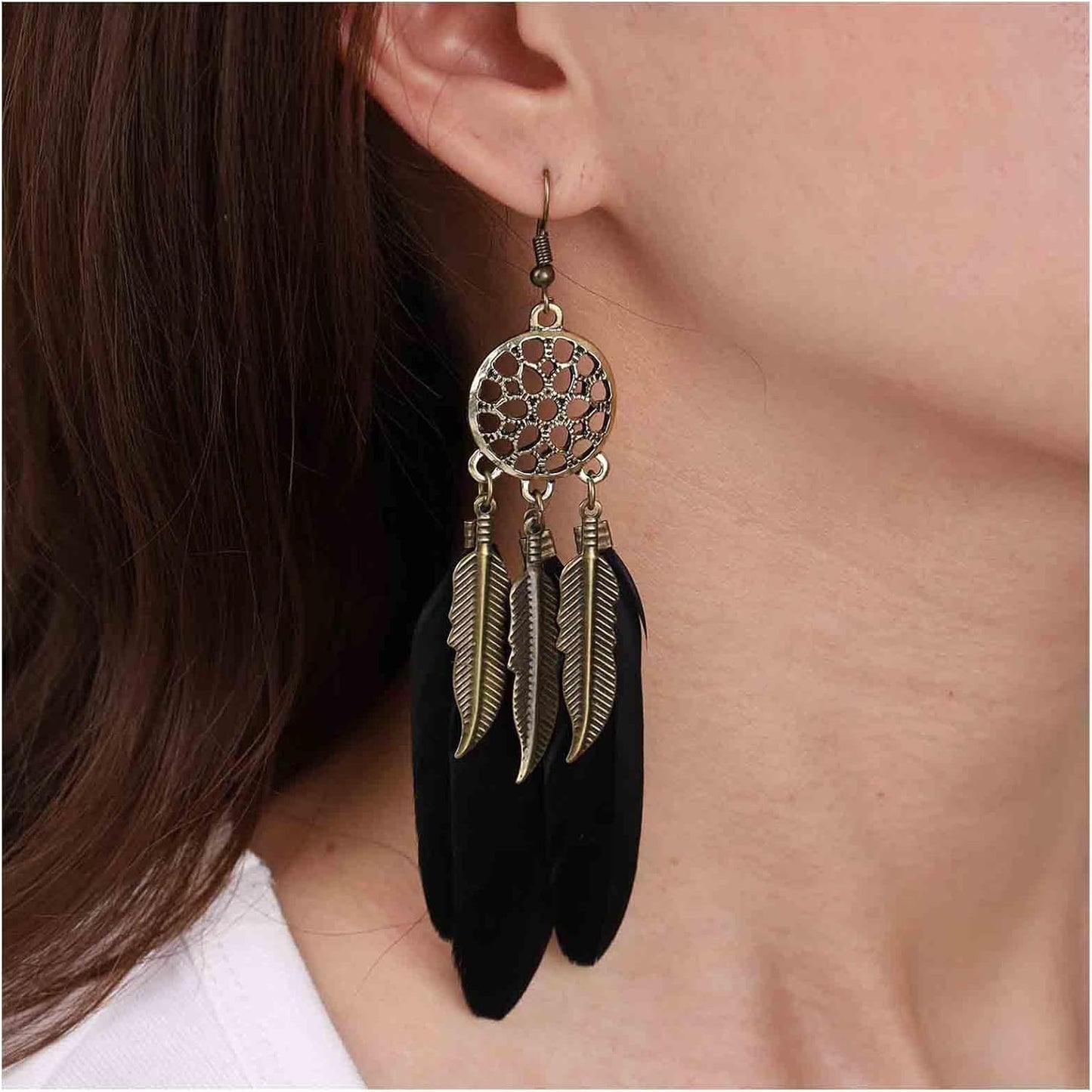 Boho Black Feather Dangle Earrings Long Feather Tassel Earrings Vintage Tribal Feather Earrings Gold Feather Drop Earrings Jewelry for Women