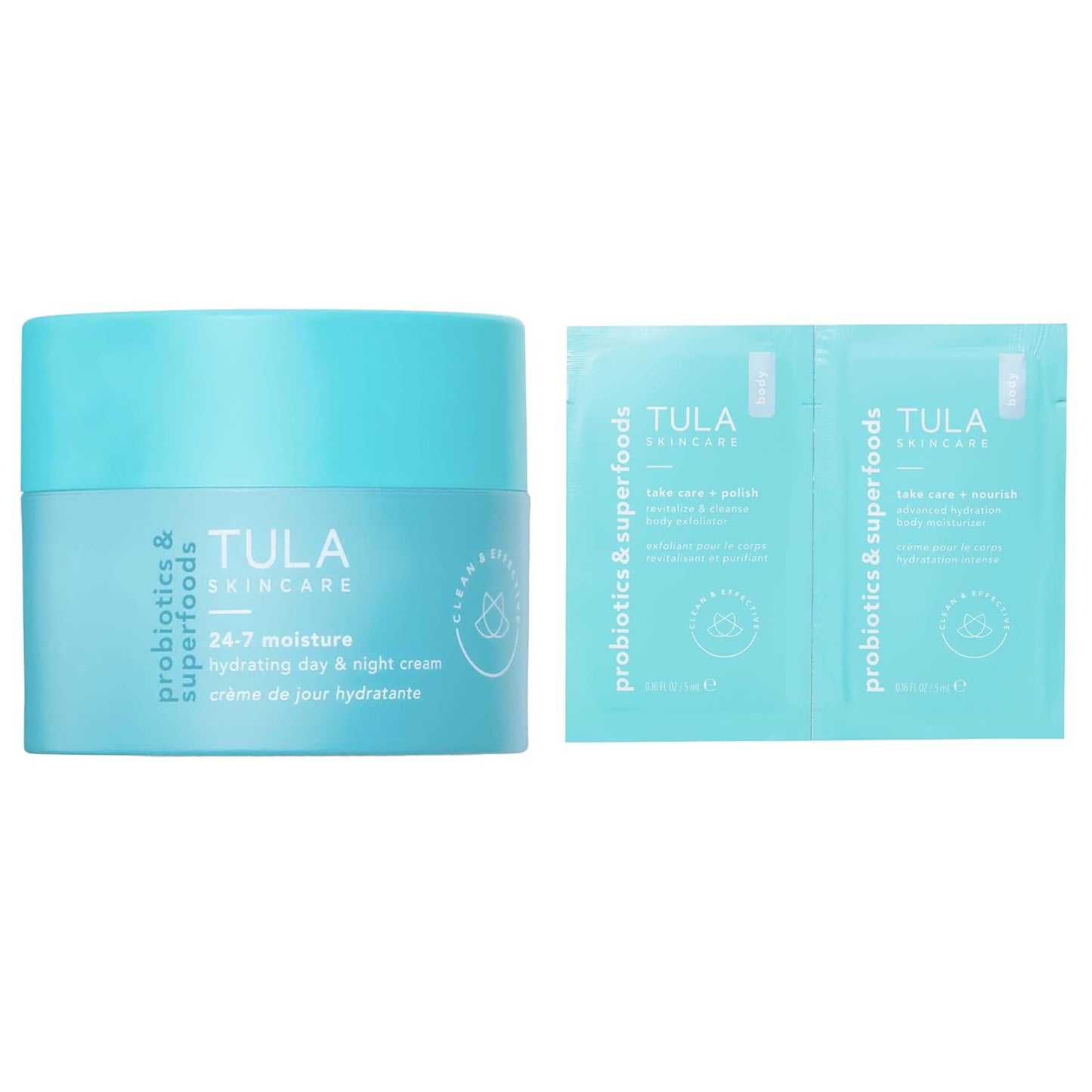 TULA Skin Care 24-7 Hydrating Day & Night Cream + Body Moisturizer/Exfoliator Packette - Anti-Aging Moisturizer for Face, Contains Watermelon & Blueberry Extract, 1.5 oz.