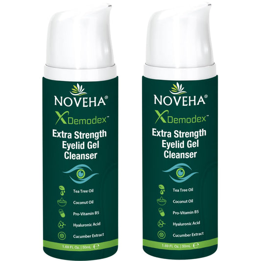NOVEHA Demodex Extra Strength Eyelid Gel Cleanser - for Demodex, MGD and Dry Eye with Pro-Vitamin B5, Tea Tree Oil, and Hyaluronic Acid - Gentle Cleansing, Soothes Itchy Eyelid - 50mL (2 Pack)