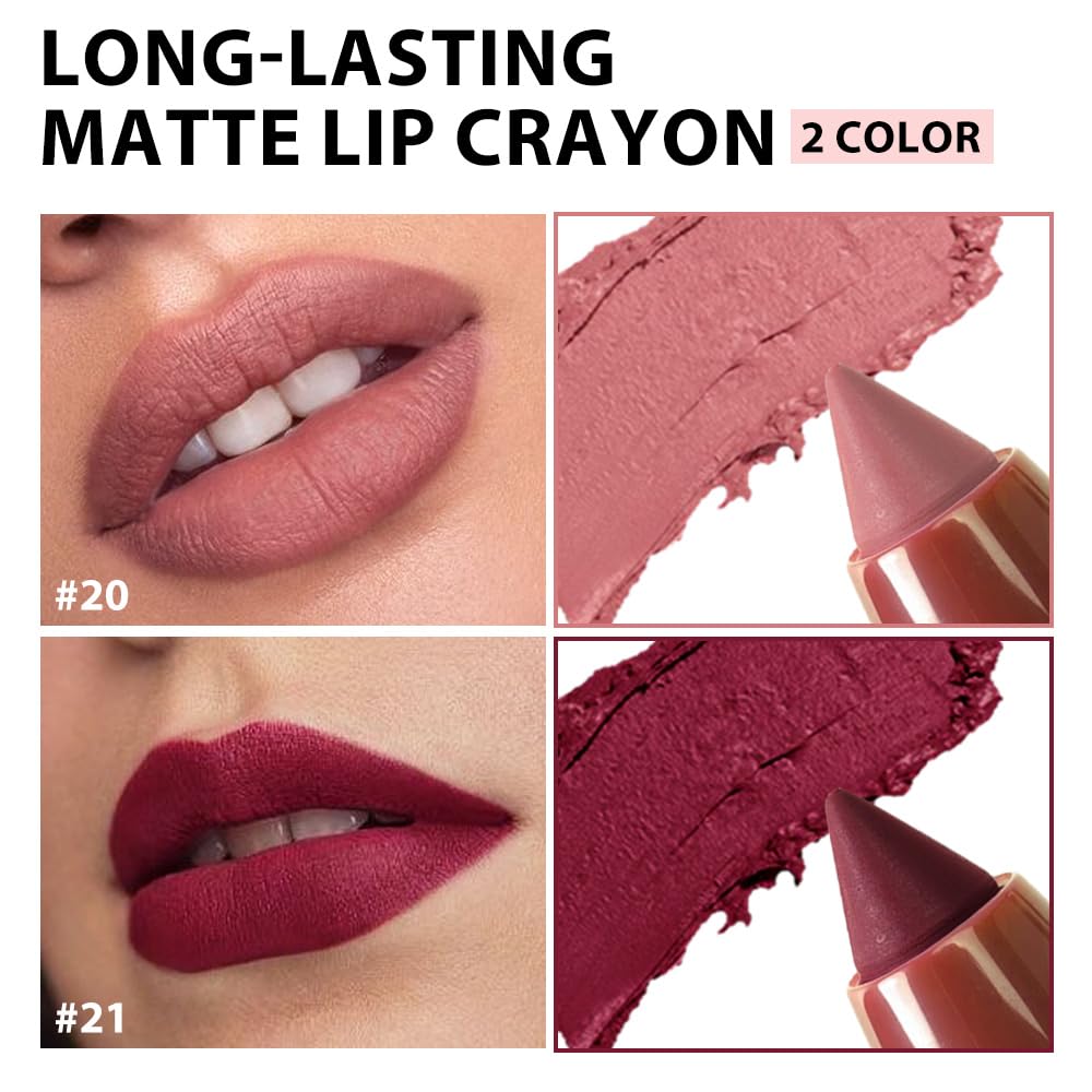 BINGBRUSH Matte Lip Crayon Set – Longwear, Waterproof, Velvet Finish, Built-in Sharpener, Smooth Lip Liner & Gloss (20#+21#, 2 Count (Pack of 1))