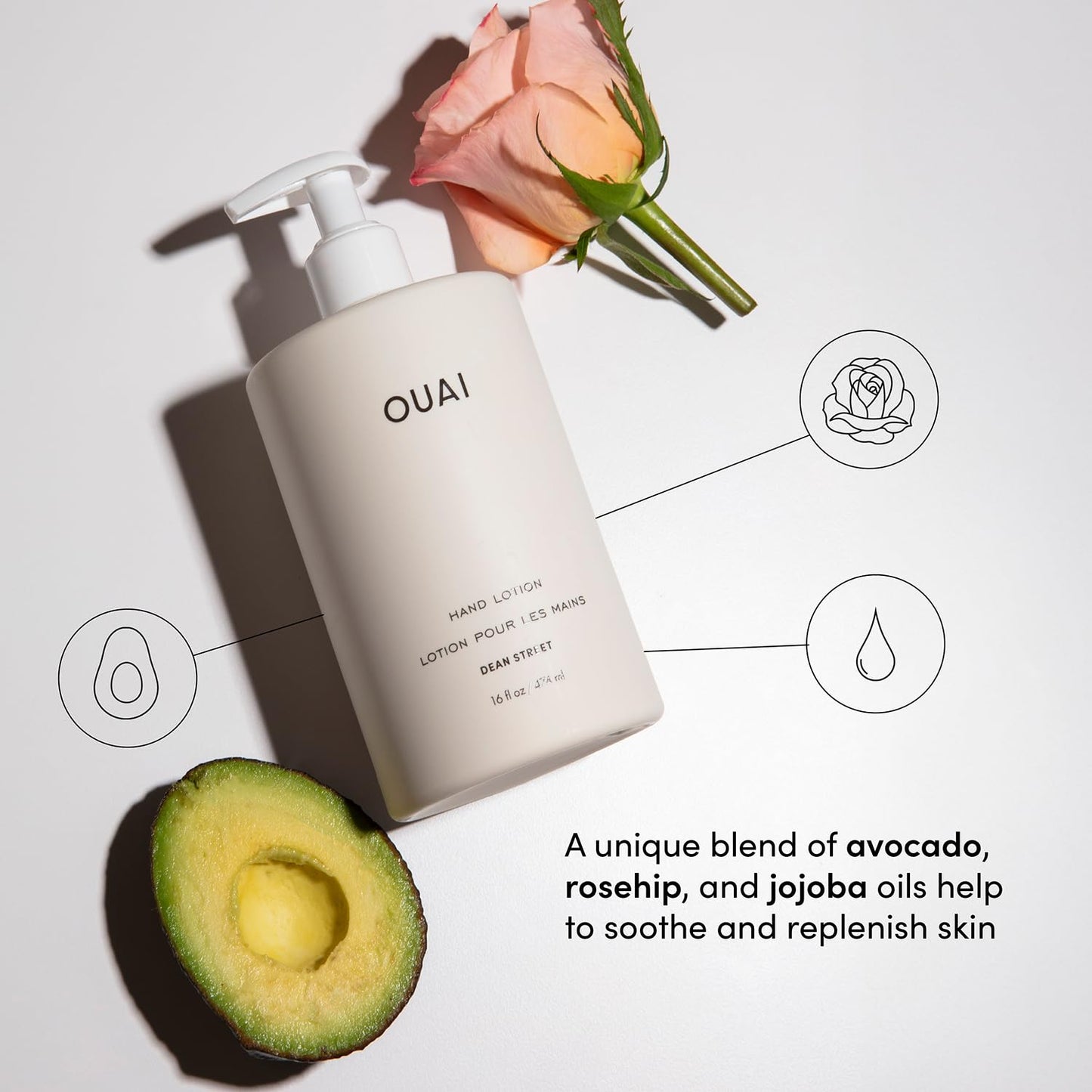 OUAI Hand Lotion - Daily, Lightweight, Hydrating Lotion for Dry Skin - Made with Avocado, Rosehip and Jojoba Oil to Lock in Moisture - Never Greasy (16 Fl Oz)