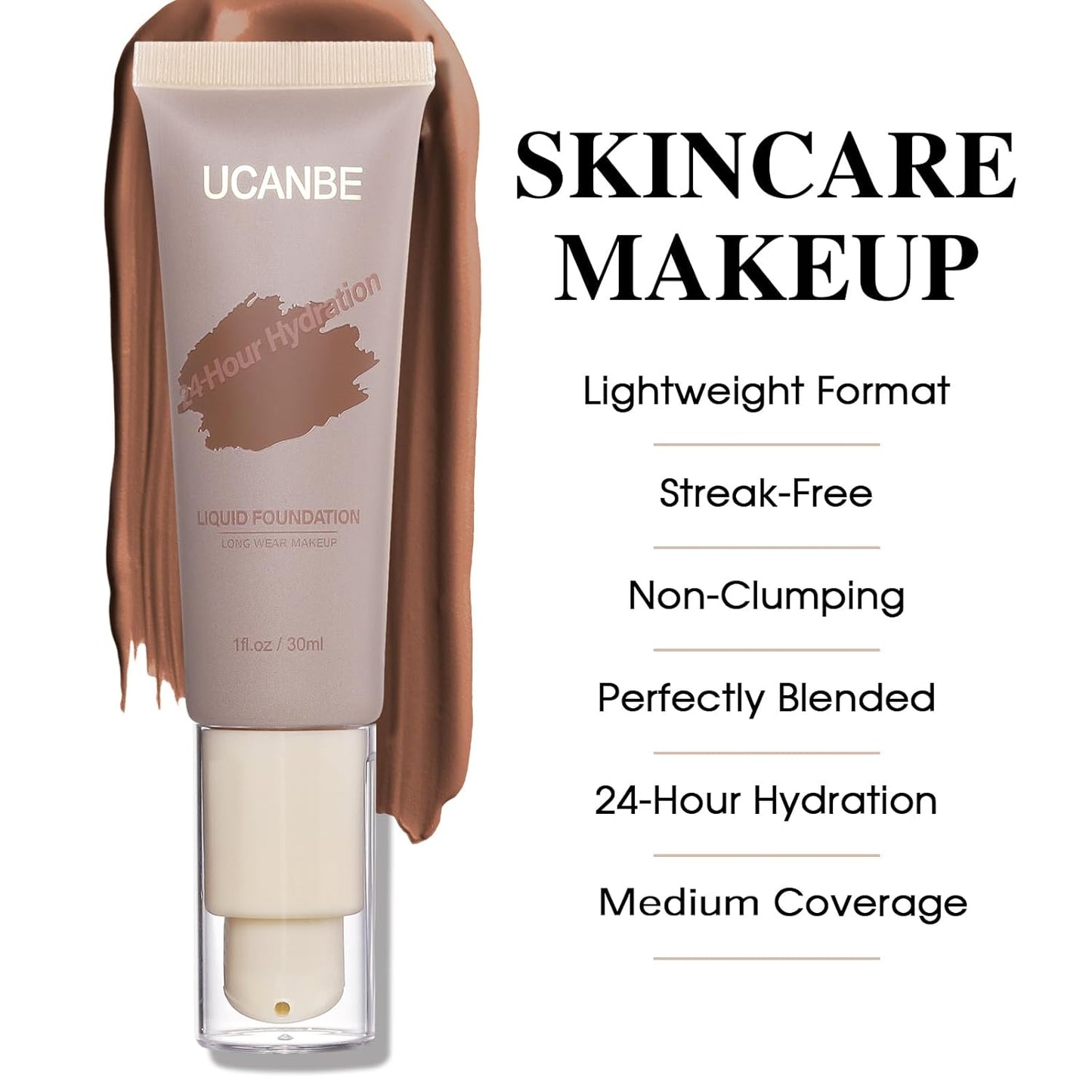 UCANBE Matte Liquid Foundation Makeup, Medium to Full Coverage Waterproof Longwear Serum Cream Foundation for Combination & Oily Mature Skin, Lightweight Hydrating & Nourishing, Cocoa, 1 fl. oz.