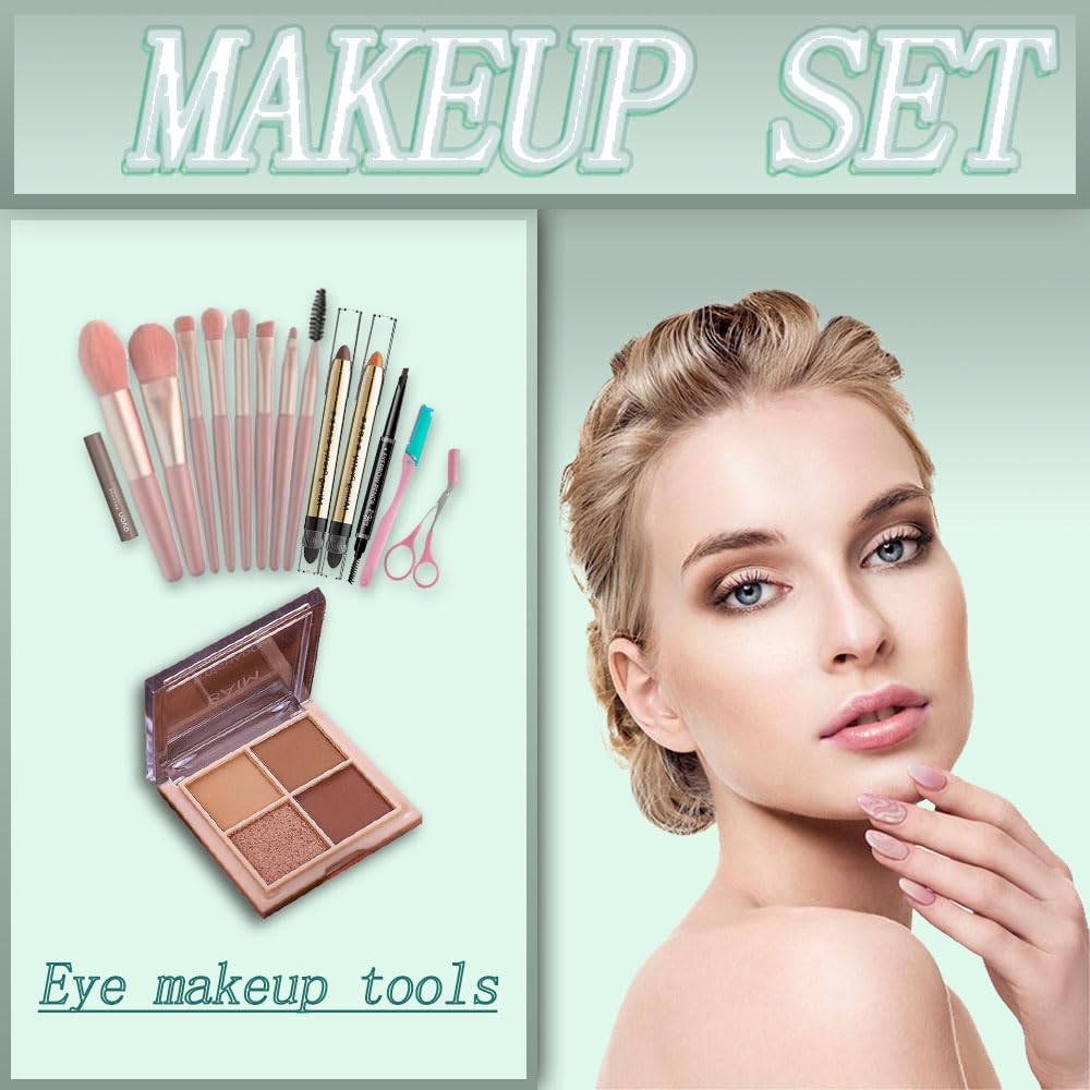 All-In-One And Portable Beginner Makeup Kit, Including Mascara, Eyeshadow Pencil, Eyeshadow Palette, Beauty Brush Set, Eyebrow Shaping Set And Other Props
