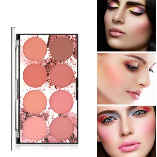8 Color Blush Palette, Matte and Shimmer Powder, Highlight Face Blusher Buildable, Professional Facial Contour Blush Pallet Pigmented and Long Last For Natural Fair Dark Skin Tone